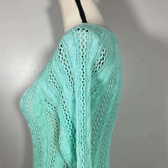 SO Teal Crew Neck Eyelet Embroidered Hem 3/4 Sleeve Pullover Sweater XS - Picture 9 of 12